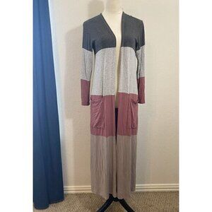 Lillypad Lightweight Long Sleeve Cardigan Duster Color Block Gray Red Camel Smal